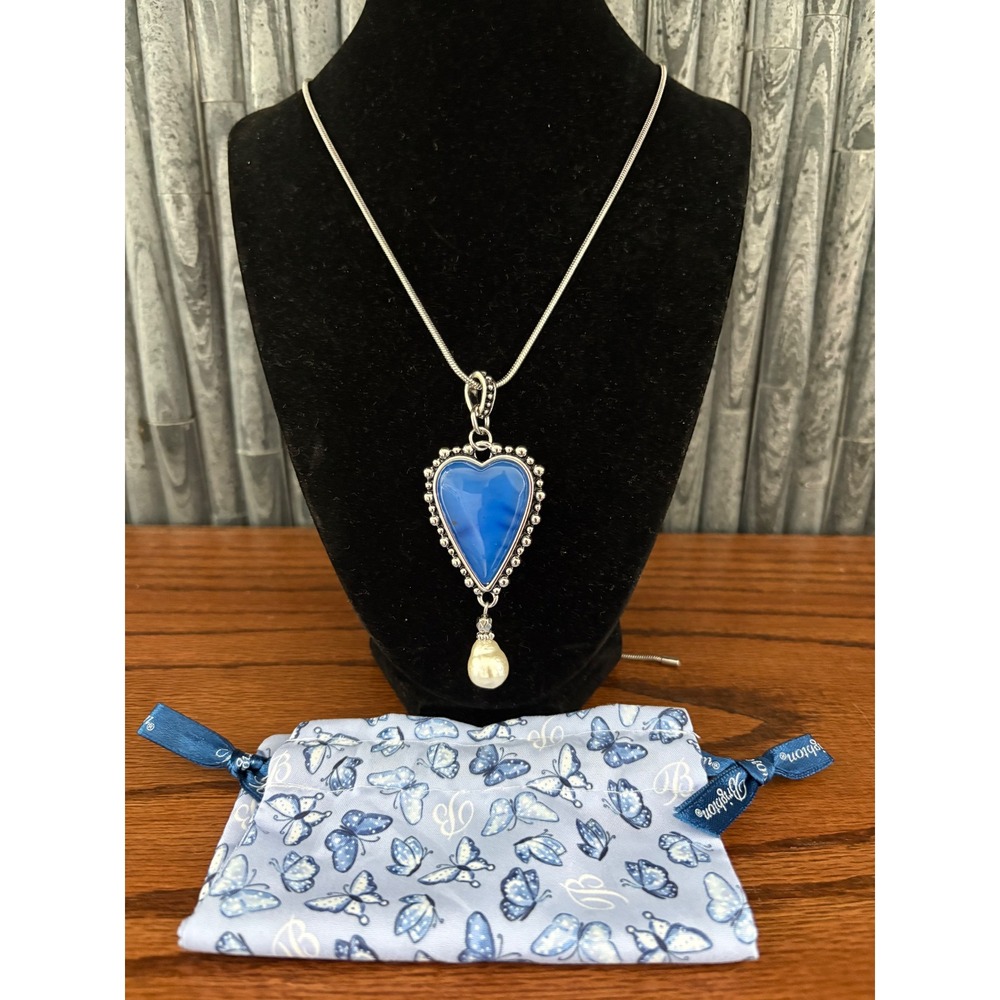 Brighton Reversible Blue Heart Pearl Drop Necklace Adjustable Snake Chain Pouch